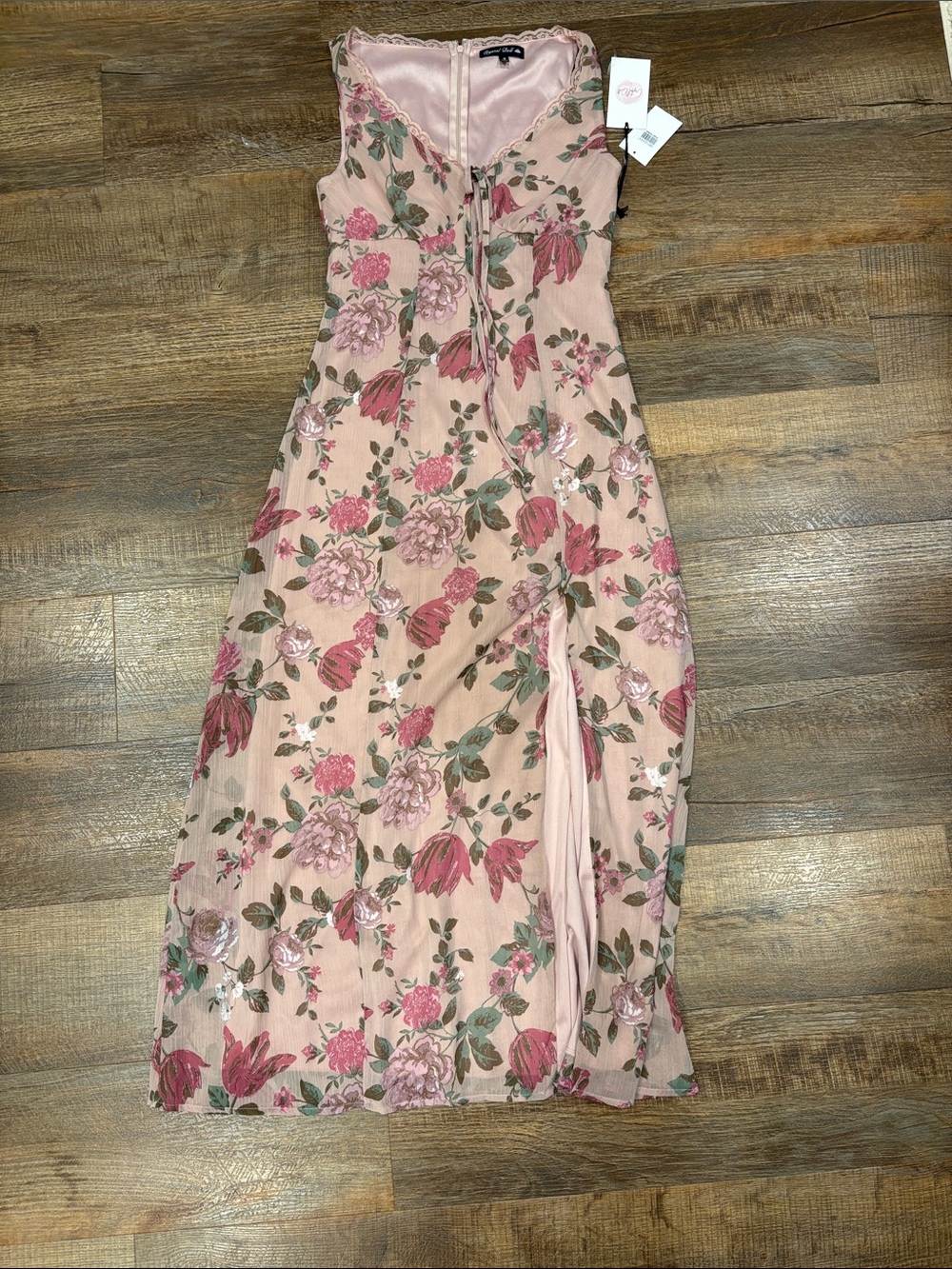 Crystal Doll Blush Pink Floral Midi Dress with Front Slit